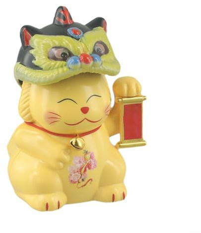 Nostalgic Automatic Nodding Lion Dance Lucky Cat Figure for All Occasions (Yellow)
