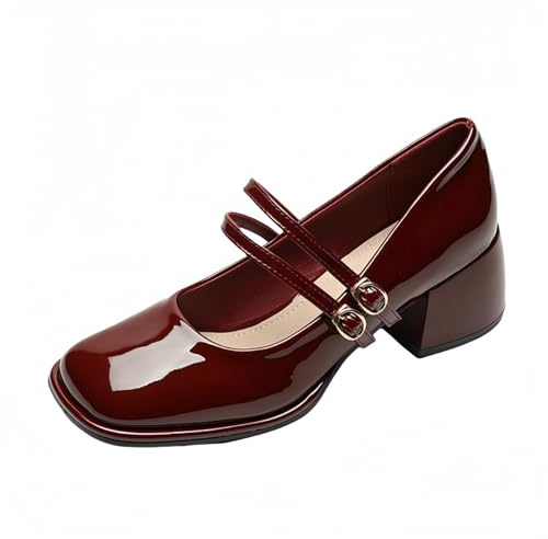 Plataforma de Cuero Patente de Mujer Mary Janes Bombas de Vestido gótico Zapatos de tacón Grueso bajo Dulce Lolita Cerrado Dedo del pie Tobillo Correa Ajustable