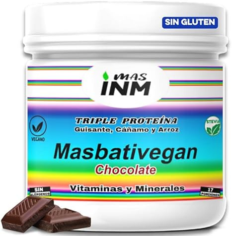 Masbativegan Proteína Vegana en Polvo Chocolate 500g – Triple Fuente (Guisante, Arroz, Cáñamo) – Sin Soja, Gluten ni Lactosa – Con Estevia y Fibra Natural – Masinmune