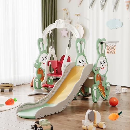 BestAlice 4 in 1 Kinderrutsche für Kinder von 1-3 Jahren mit Schaukel, Basketballkorb, Kletterleiter, Spielplatz für Kinder (Einzelrutsche-Grün-B)