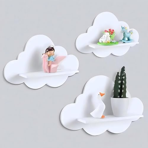 TIMENIL Cloud Wandregal 3er Set, Weiß Schweberegale für Kinderzimmer Dekor, Schwebendes Wandregal Dekorative Schlafzimmer Kinderzimmer Display Einheit Kinder Wolkenregale