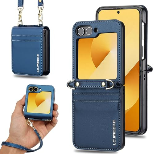ZHOZEXIN Étui Portefeuille élégant en Cuir PU pour Samsung Galaxy Z Flip 6, avec Support, Fente pour Cartes, dragonne et bandoulière.（Bleu）