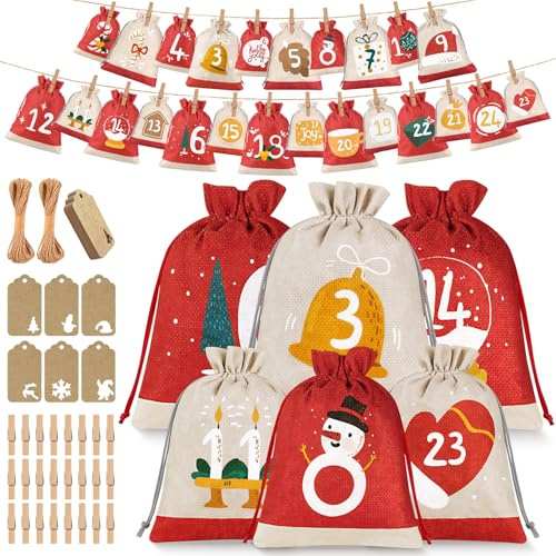 Adventskalender zum Befüllen 2025 Kinder, 2 Größen Adventskalender Säckchen Groß Selber Befüllen Beutel Stoff 24 Stoffbeutel Jutesäckchen, Weihnachtskalender Tüten Selber Machen DIY Weihnachtsdeko