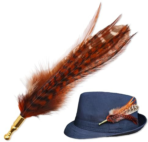 Hutfeder zum Anstecken, Federbrosche für Hüte, Echter Feder Pin Anstecker | Handgefertigtes Hutschmuck Accessoire, Federn mit Anstecknadel, Braun 11-12 cm, Boho Style, Geschenkbox inklusive
