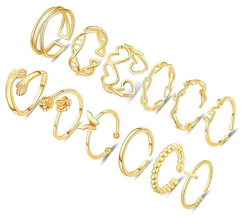 RUEYKEY 12PCS Goldring fir Fraen Dainty verstellbar Knuckle Ringe Häerz Umarmung stapelbar Daumenring Set fir Fraen Modejuwelen