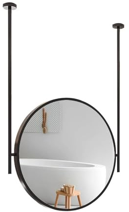 Espejo Flotante de Techo Redondo con Doble Varilla, Marco de Metal Negro, Espejo de tocador para afeitarse y maquillarse, Espejo Decorativo para Montaje en el Techo sobre el Lavabo (80 cm/31