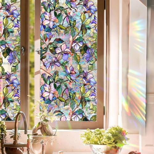 Aomkmi Purple Flower Stained Glass Window Film, Rainbow Floral Static Cling Privacy Film, UV Protection Removable Decal Sticker for Bathroom Bedroom Living Room Sunroof, 17 x 78.74 Inch