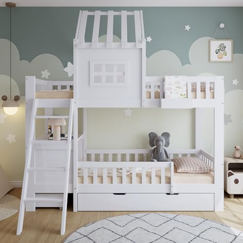 Merax Etagenbett mit Schreibtisch für Kinder, Hochbett 90x200 cm, MIT 2 ROLLSCHUBLADEN & Lesetisch, Dach mit Fenster, Ohne Matratze, Weiß (Kiefer, MDF) – Hausbett mit Ablagekorb & Stauraum