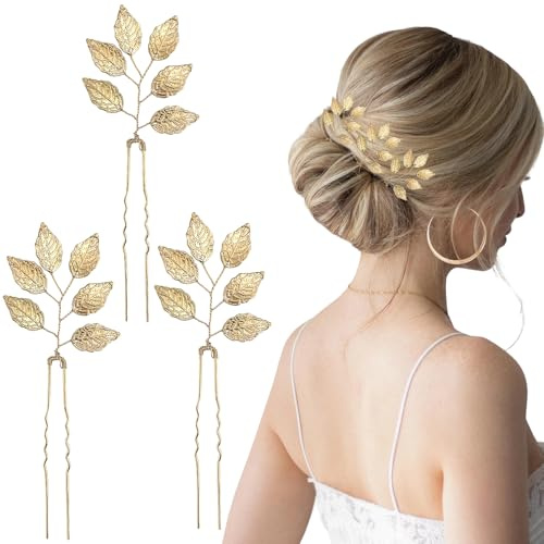 Lot de 3 épingles à cheveux en forme de feuille dorée, accessoires coiffure mariage pour femmes, épingles en métal en forme de U pour brides, demoiselles d'honneur et invitées