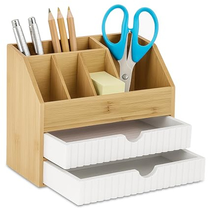 Relaxdays Schreibtisch Organizer, Schubladen & Fächer, HxBxT: 19 x 24 x 14 cm, Bambus & MDF, Büroaufbewahrung, Natur/weiß