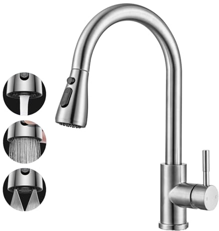 2026 Update TEKXDD Kitchen Sink Tap, Kitchen Mixer Taps with Pull Out Sprayer, Swivel Single Handle High Arc Pull Down Stainless Steel Sink Faucet, 360°Swivel Spout, Easy Fit