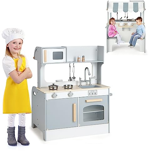 HOMASIS Cuisine de Jeu Double Face pour Enfants, Jouets en Bios Montessori Interactive avec Micro-Ondes, Café et Four, pour 3-7 Ans, Gris