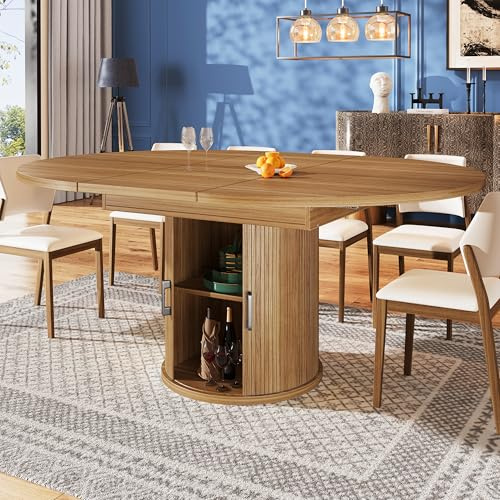 Gxffipw Extendable Dining Table Kitchen Table for 4-6 People, Minimalist Round Dining Tables with Storage Space and Doors, Kitchen Furniture with Shelves, Extends to Oval, Walnut, 118-158x118x76.8 cm