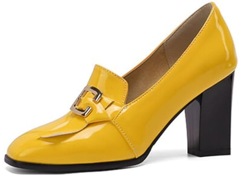 Qynthra Zapatos de Tacón Alto Mujer Cuero Brillante Tacón Ancho Mocasines con Lazo y Hebilla Dorada para Negocios y Recepción de Boda Punta Cuadrada Cómoda