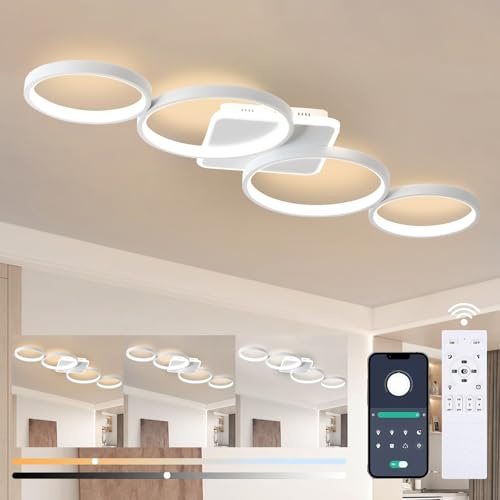 Liyabber 94cm LED Deckenlampe Dimmbar Wohnzimmer, 54W Deckenleuchte Weiß | Wohnzimmerlampe mit Memory Funktion und Nachtlicht, Moderne 4 Ring Deckenbeleuchtung mit Fernbedienung APP für Schlafzimmer