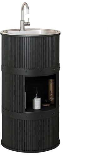 Vickyyy Moderno lavello a colonna in ferro battuto, mobili da bagno in acciaio inox, base separata, con rubinetto e scarico (con contenitore, nero)