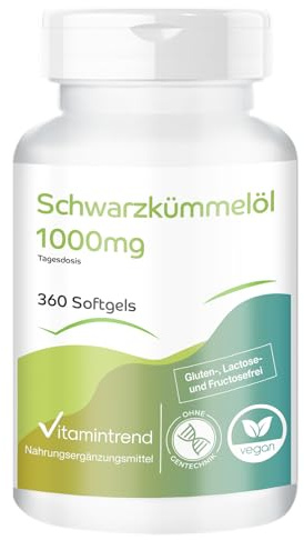 Huile de nigelle 1000 mg, 360 softgels, faciles à avaler, 1000 mg par jour, pressée à froid, hautement dosée, complément alimentaire sans stéarate de magnésium, fabriqué en Allemagne
