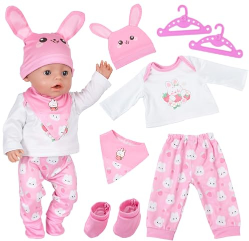 Puppenkleidung für 30-45cm Babypuppen, Bunny Puppen Puppensachen mit Hut Oberteil Hose Lätzchen Socken Rosa Kleiderbügel, Puppenkleidung 30cm 35cm 36cm 43cm Geschenke für Mädchen Jungen