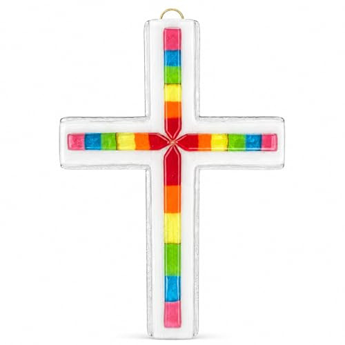 Lunexus Wandkreuz Glas 19,5 cm Regenbogen - Handgefertigt | Handgefertigt aus Deutschland, Fused-Glass-Technik - Maße 19,5x13,5 cm - mit Segens-Zertifikat