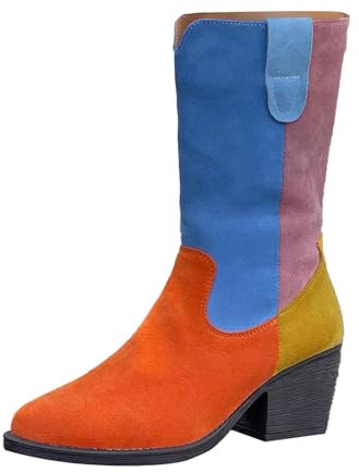 Celanisai Botines estilo occidental para mujer, estilo retro, con tacón de bloque, color bloque, botines elegantes en el tobillo, botas cortas, botas de entretiempo para mujer, O Multicolor, 39 EU