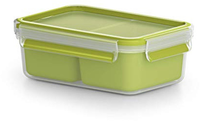 EMSA Clip & Go Lunchbox, 1 L, Brotdose mit 2 Einsätzen, 100 Prozent dicht, mit Frischedichtung, Transparent, Hellgrün, Made in Germany, 518101