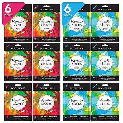 6+6 Keratin Gloves & Socks Premium Hand Treatment & Foot Treatment Masks by Bodipure for Nail Strengthening & Skin Nourishing.