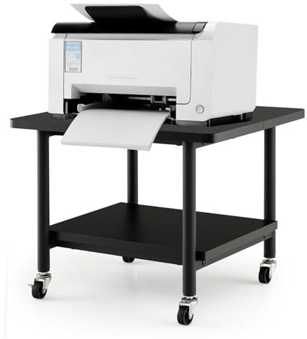 GOPLUS Druckertisch mit Arretierbaren Räder, Rollcontainer mit 2 Ablagen, Rollwagen für Schreibtisch, Drucker Ständer aus Holz, um 360° Drehbare Räder, Multifunktionswagen für Zuhause Büro (Schwarz)