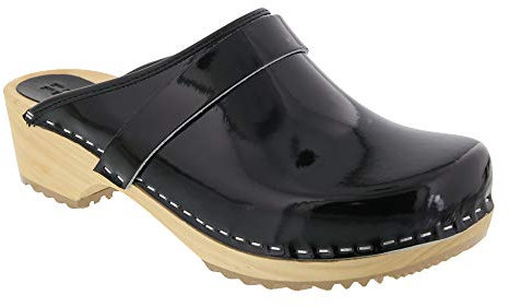 Bjork Maja Wood Open Back Leather Clogs (EU-37, Black Patent)