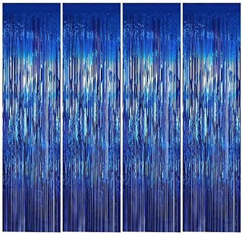 Feibmir 4 Stück Lametta Vorhang Blau, Glitzer Party Vorhänge, Metallische Folien Fransen Hintergrund für Geburtstagsdeko, Hochzeit, Disco, Fotowand (1mx2m)