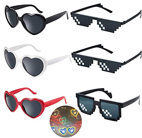 WOMLEX 3 Paia Occhiali da Sole Pixel da Fantastico + 3 Paia Occhiali a Cuore da Festa Occhiali, Teppista Plastica Occhiali Sole a Mosaico, Occhiali da Sole Divertenti Costume Decorazione Accessori