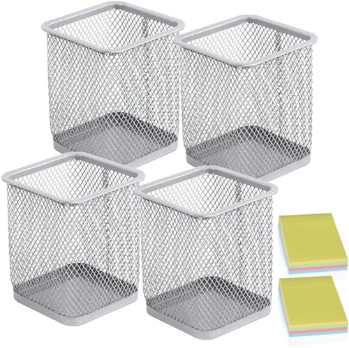 DARUITE Portapenne da Scrivania, Set di 4 Portapenne Quadrati Argentati, Porta Penne per Scrivania in Rete Metallica, Porta Penne, Organizer Scrivania per ufficio