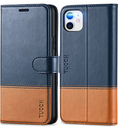 TUCCH Hülle für iPhone 11, Stoßfeste Handyhülle [TPU] [RFID Blocker] [Kartenfach] [Standfunktion] Lederhülle, Schutzhülle Lederhülle Cover (6.1 Zoll) 2019 Blau-Braun