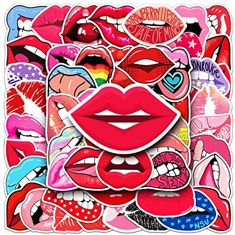 Bric dodo 50Pcs Red Lips Graffiti Stickers, Waterproof & Reusable, PVC Material, Perfect for Laptops, Skateboards, Cars & More