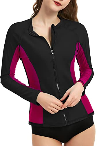 LilyCat Camiseta de protección contra erupciones para mujer, manga larga con cremallera frontal, protección solar UV, camisa de natación para mujer, traje de baño, Negro Fucsia, Small