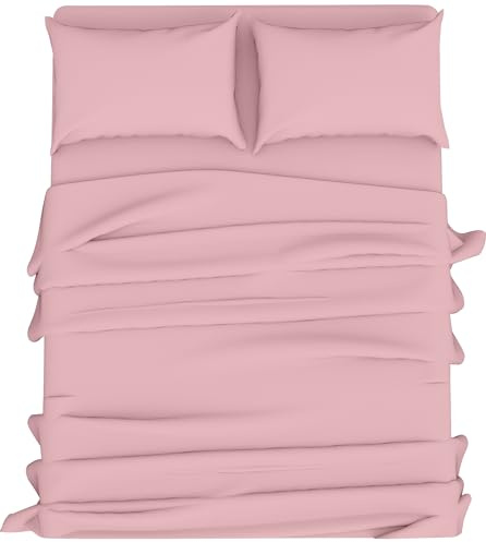 KOHSAR Pink Double Sheet Set (Fitted Sheet + Flat Sheet + 2 Pillowcases) - 4 Piece Set - Polycotton Double Bed Sheet Set