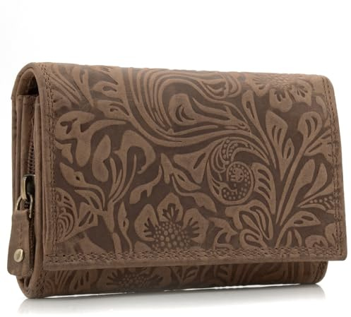 ekavale Damen Leder-Geldbörse mit Blumenmotiv und RFID-Blockierung, Portemonnaie Langformat mit Druckknopfverschluss (Dunkel-Braun)