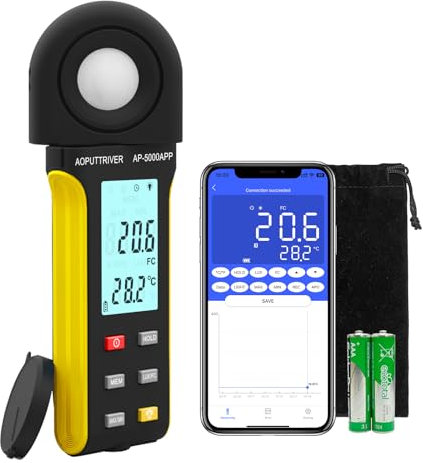 AOPUTTRIVER AP-5000APP Digital Luxmeter, Lichtmessgerät Messen 0,1~400.000 Lux Fußkerzen mit 270º Drehbarem Sensor, APP EIN-klick-Bedienung, Light Meter für Pflanzen Fotografie LED Lichter