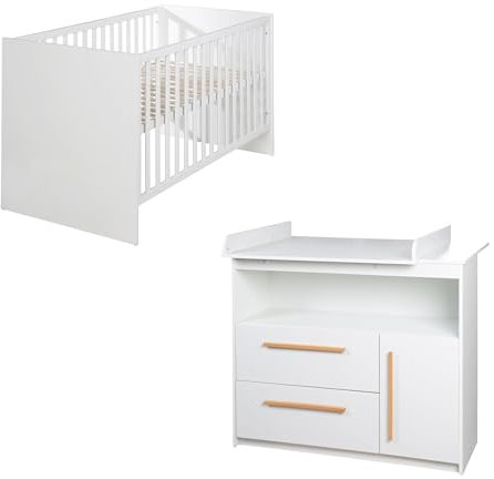 roba Babymöbel Set 2-teilig Lilo - Kinderbett 70 x 140 cm umbaubar + Wickelkommode mit abnehmbarem Ansatz - Weiß - Holzgriffe aus Buche