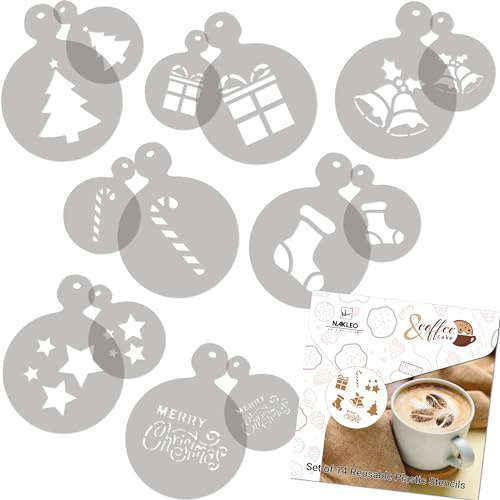 NAKLEO Kaffee Schablonen und Kekse Dekoration 14 Stück 7x7 und 11x11cm, Wiederverwendbare Plastik Backen Vorlage, Weihnachten Winter, DIY Kunst, Cappuccino Latte Schokolade Torten Kuchen
