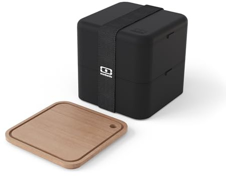 monbento - Mahlzeitenset schwarz Onyx - Brotdose Erwachsene für Mikrowelle MB Square + Schneidebrett Klein MB Cut Square Kompatibel mit der Lunchbox - Perfekt für Picknicks/Arbeit - Schwarz & Holz
