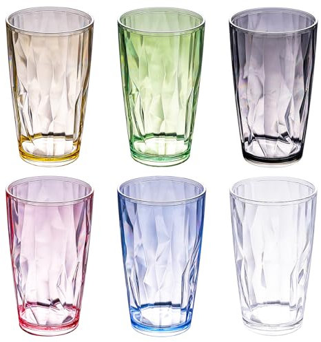 SUNOYA Vasos De Cristal Agua, 6 Piezas 470ml Vasos De Colores, Vasos De Cóctel, Vasos Zumo, Vasos Whisky De Acrílico Con Apariencia De Cristal, Ideales Para Agua, Zumo, Café Helado Y Refrescos