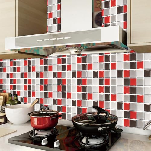 Tile Stickers Red Black Vinyl Waterproof Peel and Stick Tiles Kitchen,Bathroom Tile Stickers,Backsplash for Kitchen,Floor Tiles Self Adhesive,DIY Home Decor 10 PC(20x20cm)