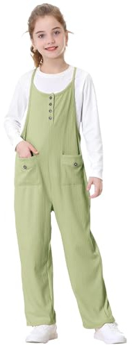 Rolanko Girls Jumpsuits Dungarees Sleeveless Adjustable Strapes Overalls Loose Playsuits Rompers Long Pants with Pockets for Teen Kids, Green, Size: 8-9 Years/140