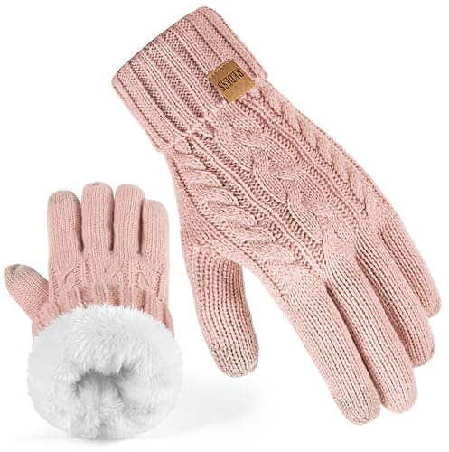 REDESS Vinterhandskar för kvinnor termisk varm stickad fleecefodrad pekskärm sms-handskar för kallt väder, Rosa, One Size