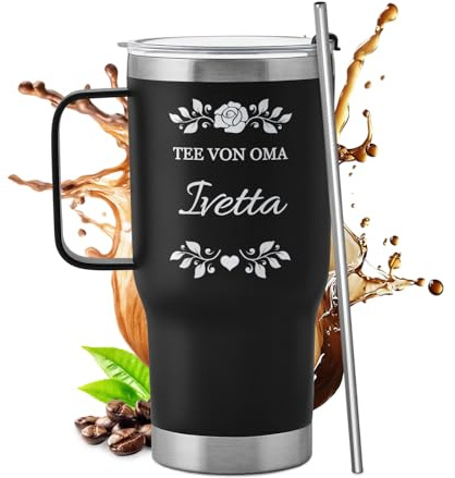 Maverton Personalisierter Thermobecher mit Strohhalm 600 ml - Edelstahl Kaffeebecher to go mit Deckel und Henkel - Geschenk für Frauen - personalisiertes Geschenk für Oma - Schwarz