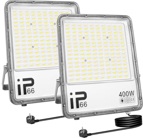 AUXTINGS 2 Pcs 400W Focos LED Exterior con Enchufe, IP66 Impermeable Foco Proyector LED 6000K Blanco Frío Floodlight 40000lm Iluminación de Seguridad para Casa, Garaje, Patio, Terraza, Campo