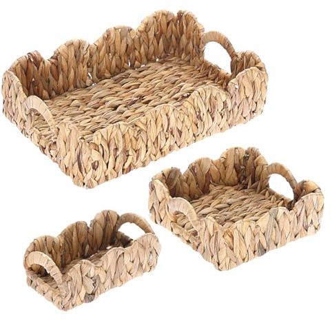 BSTKEY Natural Water Hyacinth Serving Tray Scalloped Basket Tray, 3 Sizes Hand-woven Storage Trays with Handle Decorative Scalloped Edge Organizer Tray Countertop Basket for Home Office