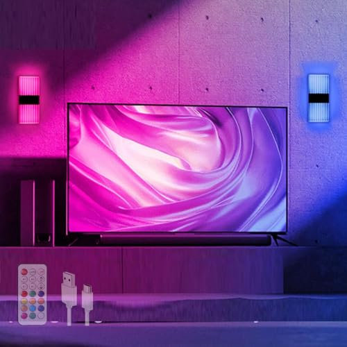 TZSMUM RGB Farbe Wandleuchten mit Fernbedienung LED Wandlampen Innen Bunt Stimmungslicht Wandbeleuchtung Dimmbar mit Szenenmodus Kontrolle Funktion 3W Wohnzimmer Schlafzimmer (Streifen,2 Stück)