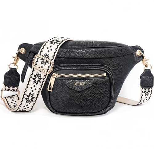 BITUOR Bauchtasche Damen mit Anti Diebstahl Umhängetasche Damen Veganes Leder Handtasche Crossbody Bag mit 4 Reißverschlusstaschen und Verstellbarem Gurt Gürteltasche Brusttasche Hüfttasche Schwarz