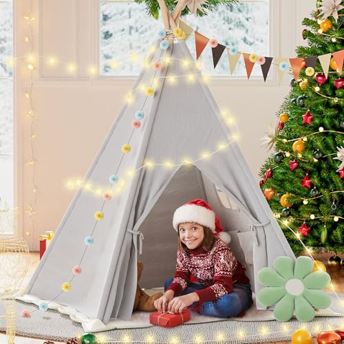 BlueWood Tipi Zelt für Kinder, Kinderzelt Spielzelt mit Gepolsterter Decke, Lichterkette, Tragetasche, Segeltuch Kinderzelt, Teepee Spielzelt - Grau